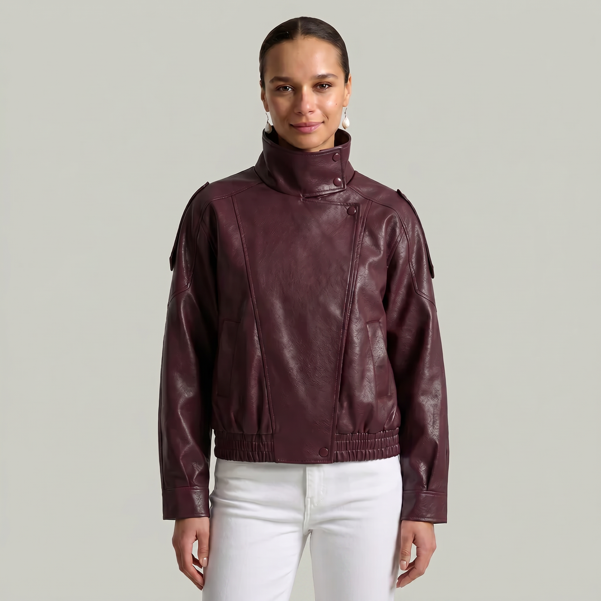 Women’s Faux Leather Stand Neck Jacket - Elastic Hem Loose Cropped Fit