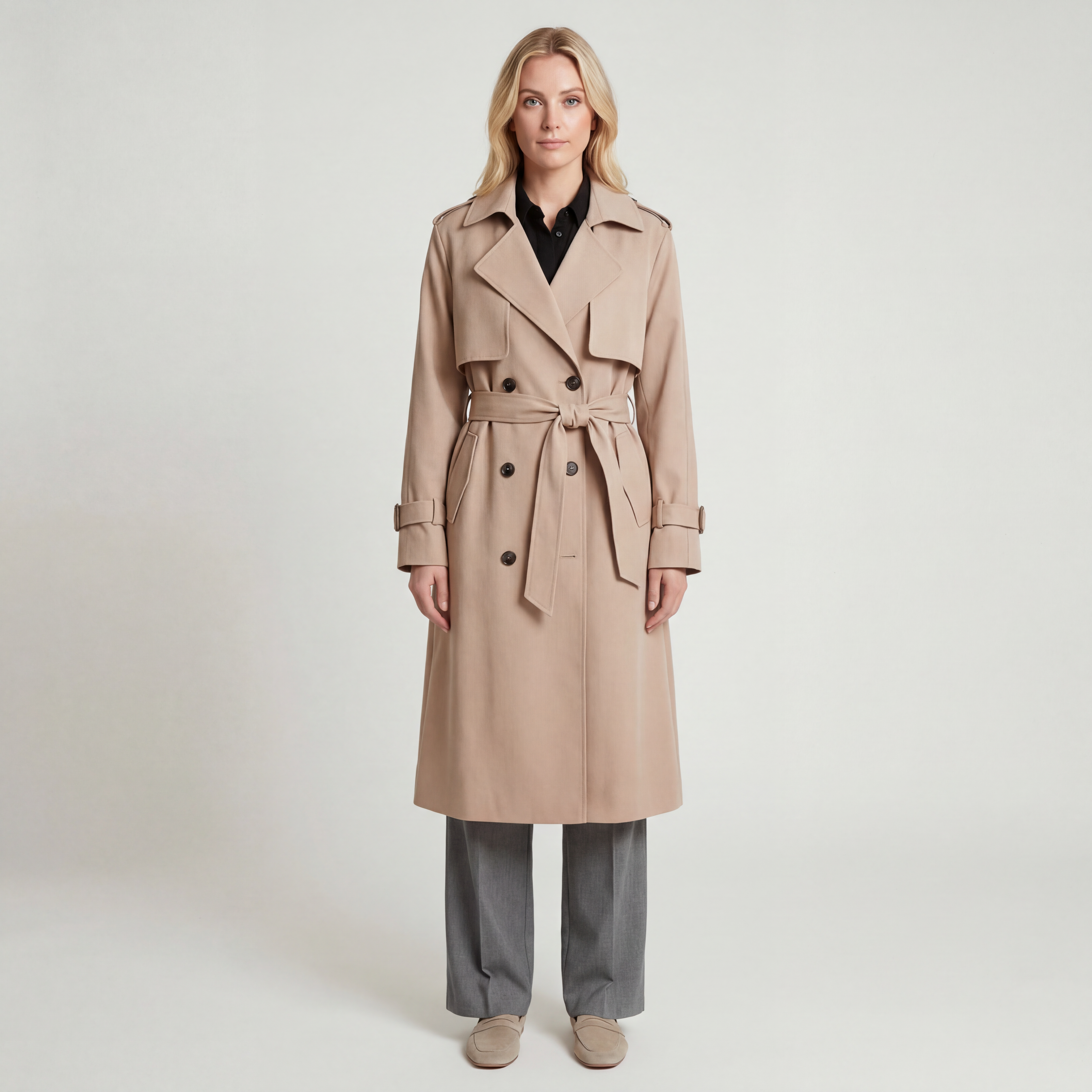 Women’s Long Double Breasted Trench Coat Belted Tie Waist