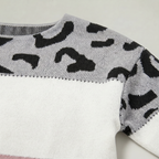 Women's Leopard Print Colour Block Knit Sweater - Crew Neck Pullover Jumper