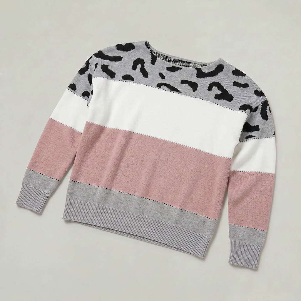 Women's Leopard Print Colour Block Knit Sweater - Crew Neck Pullover Jumper
