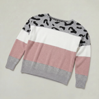 Women's Leopard Print Colour Block Knit Sweater - Crew Neck Pullover Jumper