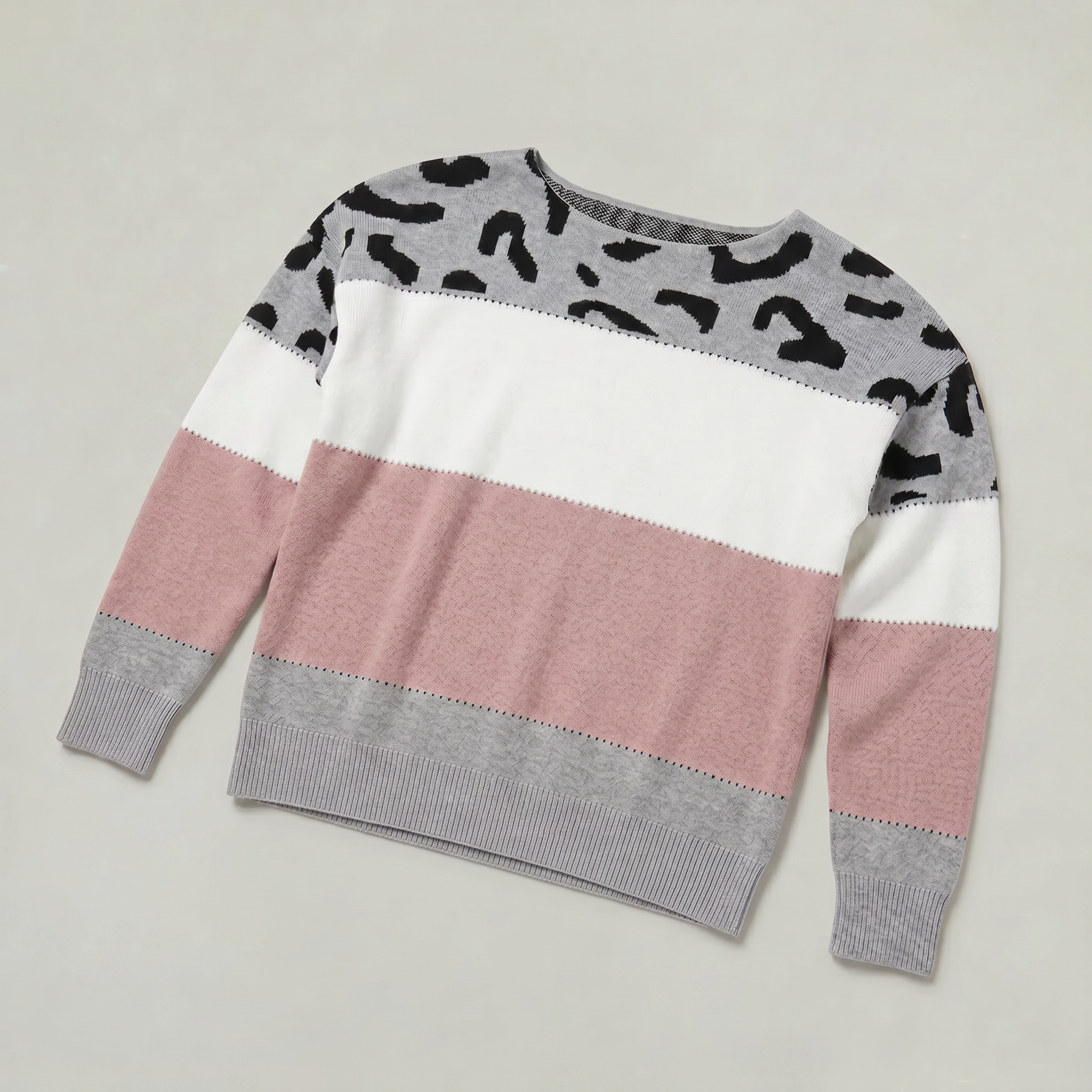 Women's Leopard Print Colour Block Knit Sweater - Crew Neck Pullover Jumper