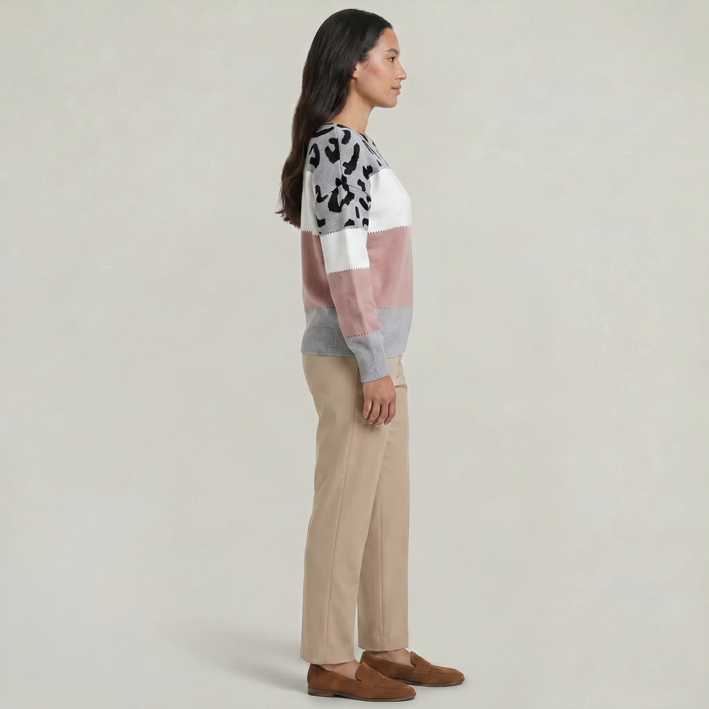 Women's Leopard Print Colour Block Knit Sweater - Crew Neck Pullover Jumper