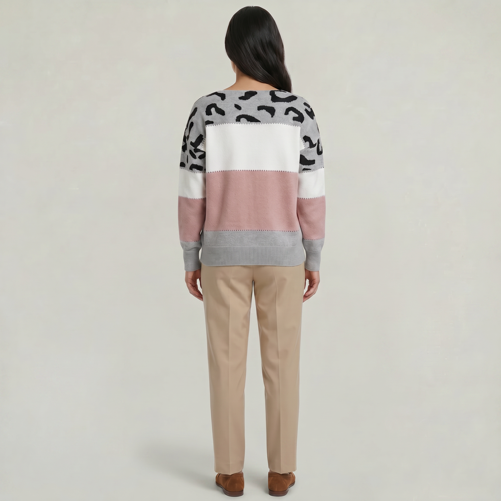 Women's Leopard Print Colour Block Knit Sweater - Crew Neck Pullover Jumper