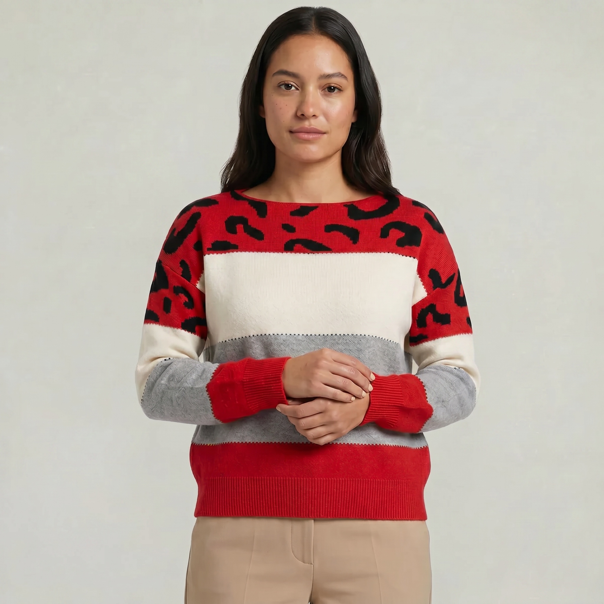 Women's Leopard Print Colour Block Knit Sweater - Crew Neck Pullover Jumper