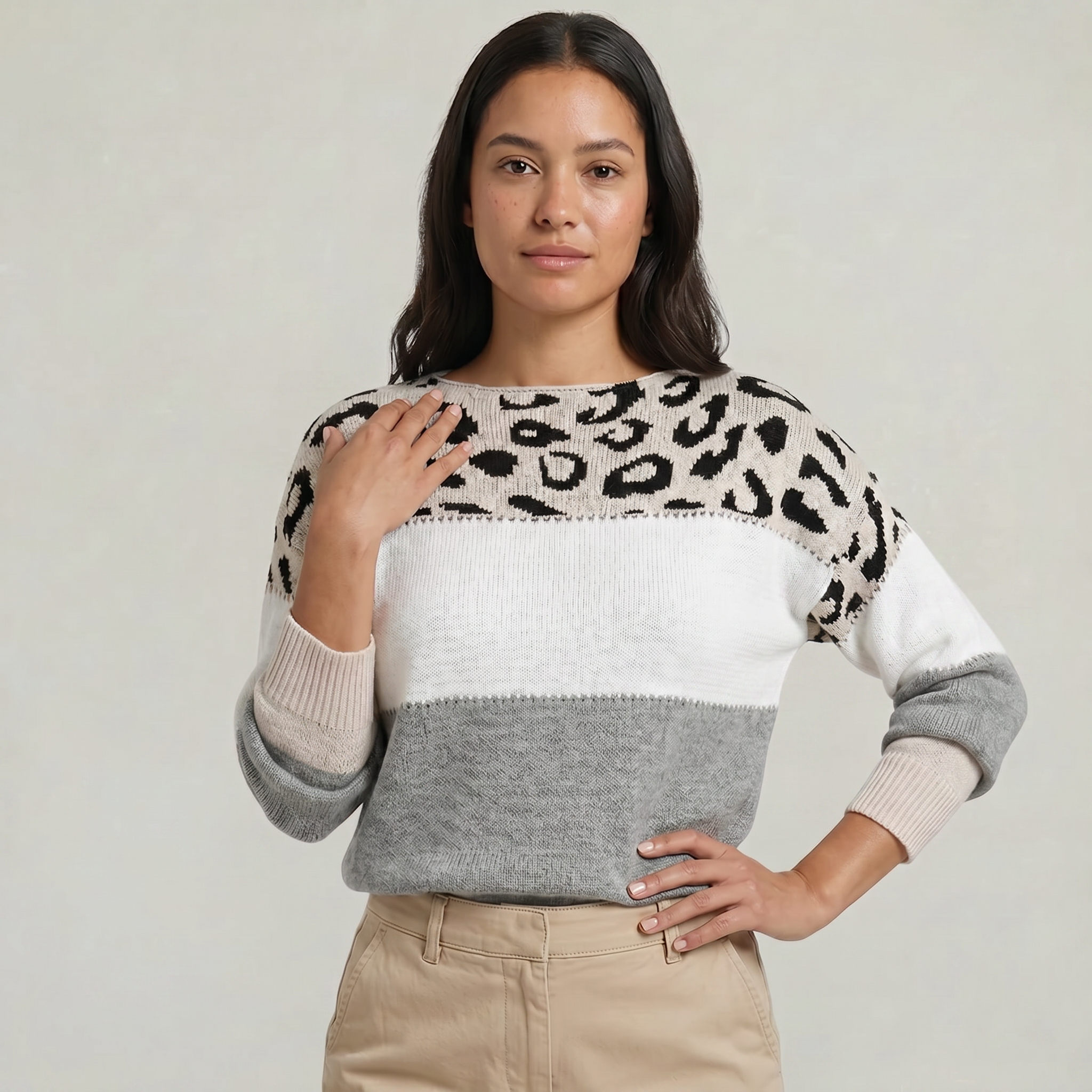 Women's Leopard Print Colour Block Knit Sweater - Crew Neck Pullover Jumper