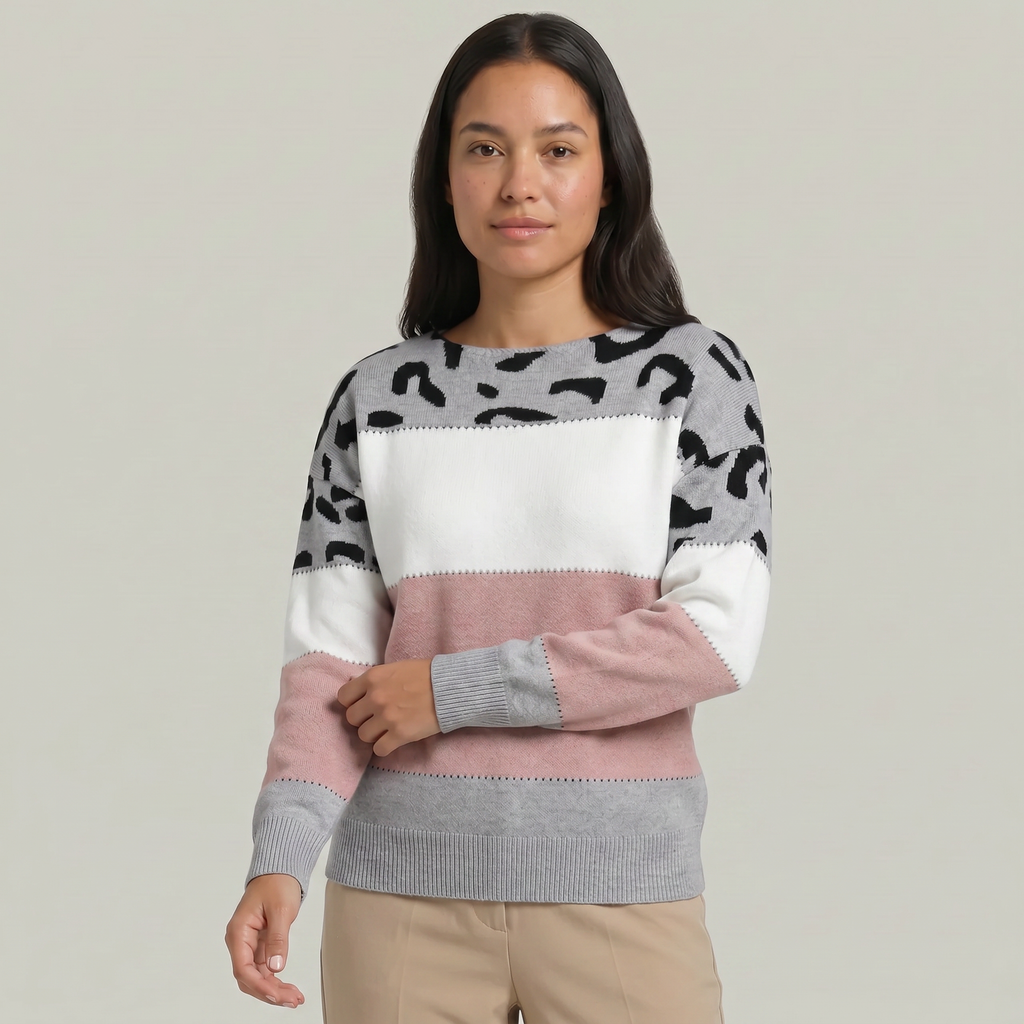 Women's Leopard Print Colour Block Knit Sweater - Crew Neck Pullover Jumper