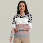 Women's Leopard Print Colour Block Knit Sweater - Crew Neck Pullover Jumper