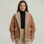Women’s Fleece-Lined Faux Suede Jacket - Oversized Shearling Trim Fit