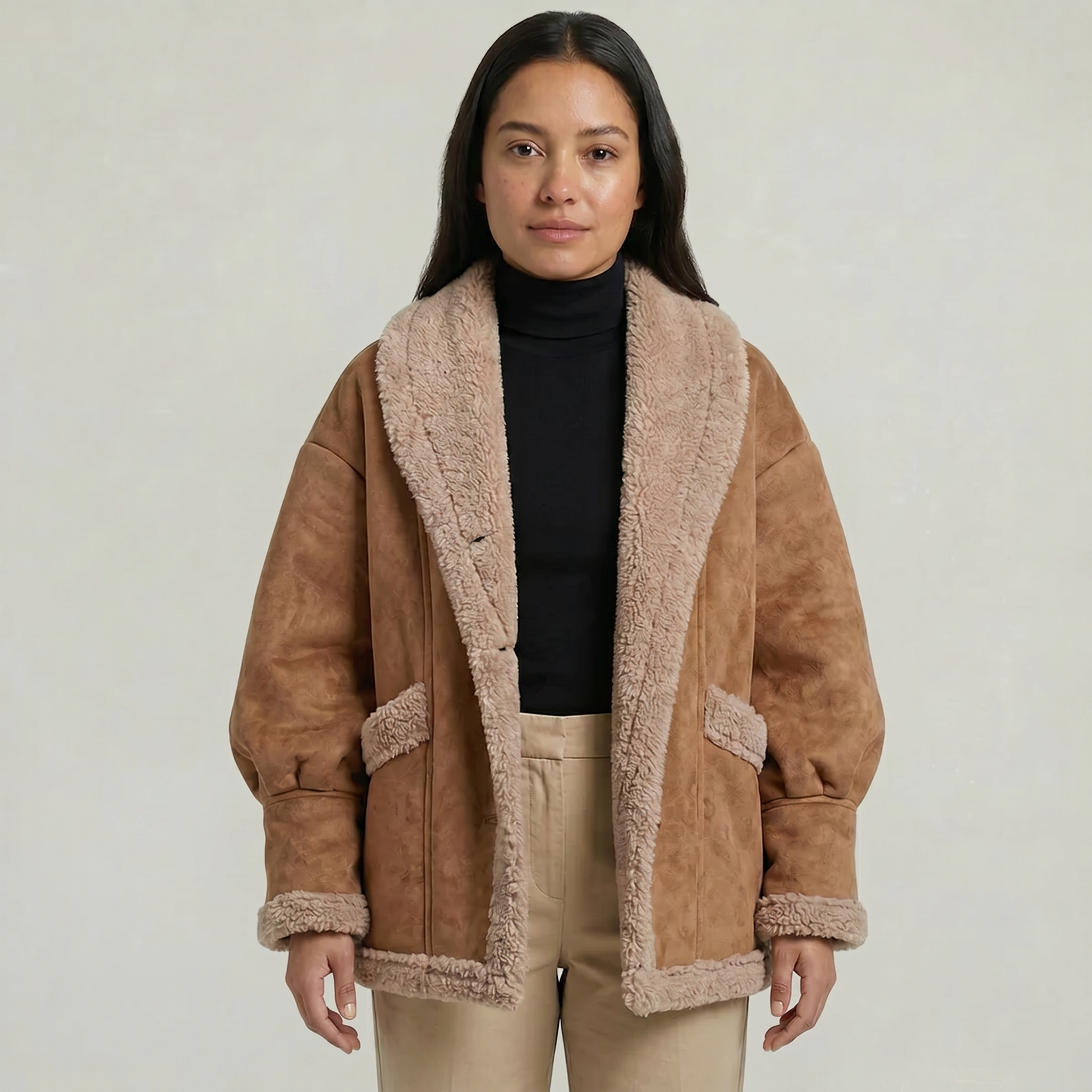 Women’s Fleece-Lined Faux Suede Jacket - Oversized Shearling Trim Fit