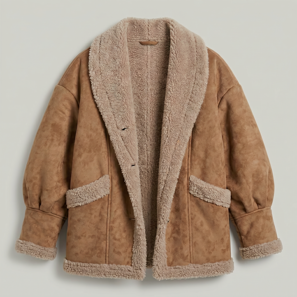 Women’s Fleece-Lined Faux Suede Jacket - Oversized Shearling Trim Fit