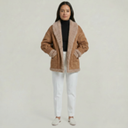 Women’s Fleece-Lined Faux Suede Jacket - Oversized Shearling Trim Fit