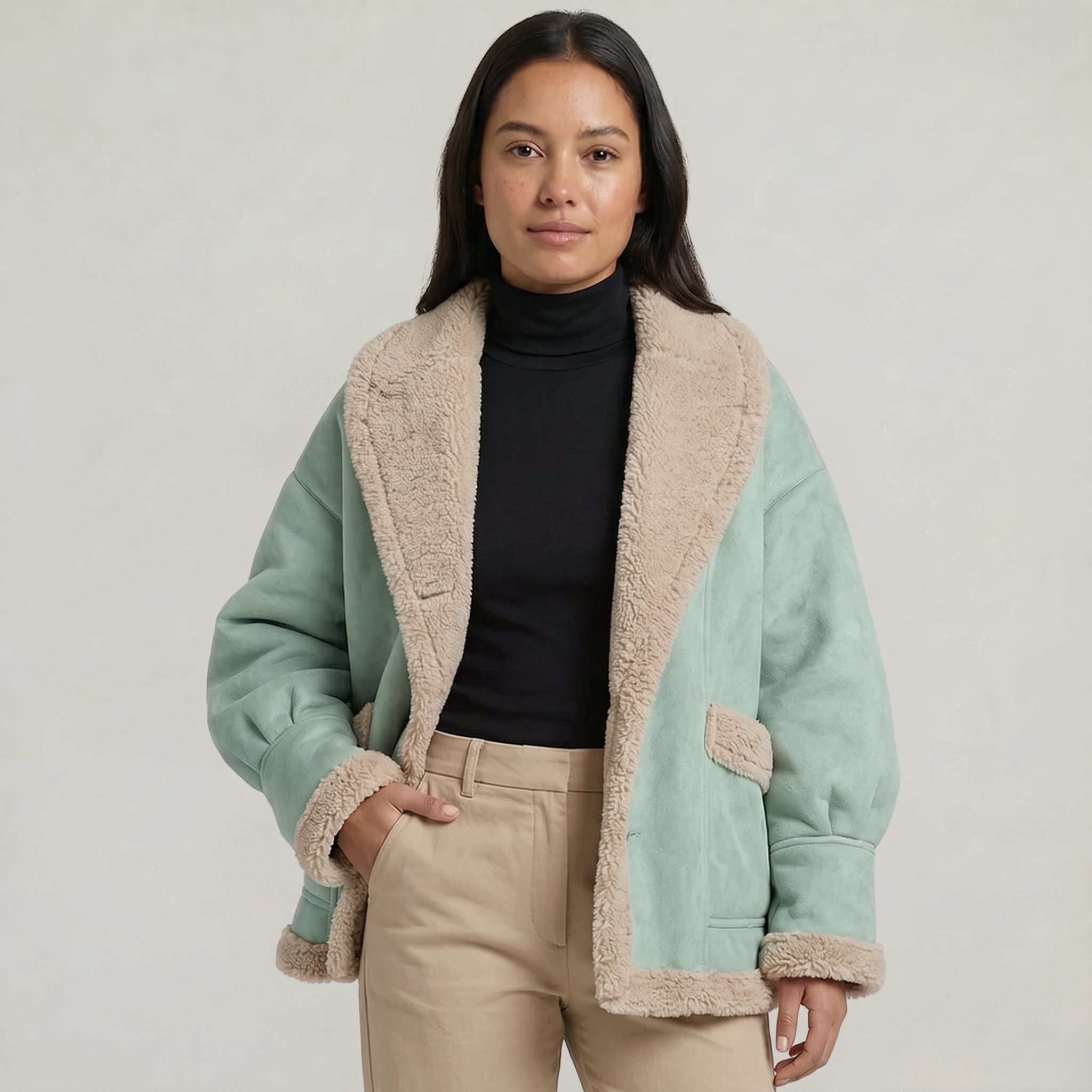 Women’s Fleece-Lined Faux Suede Jacket - Oversized Shearling Trim Fit