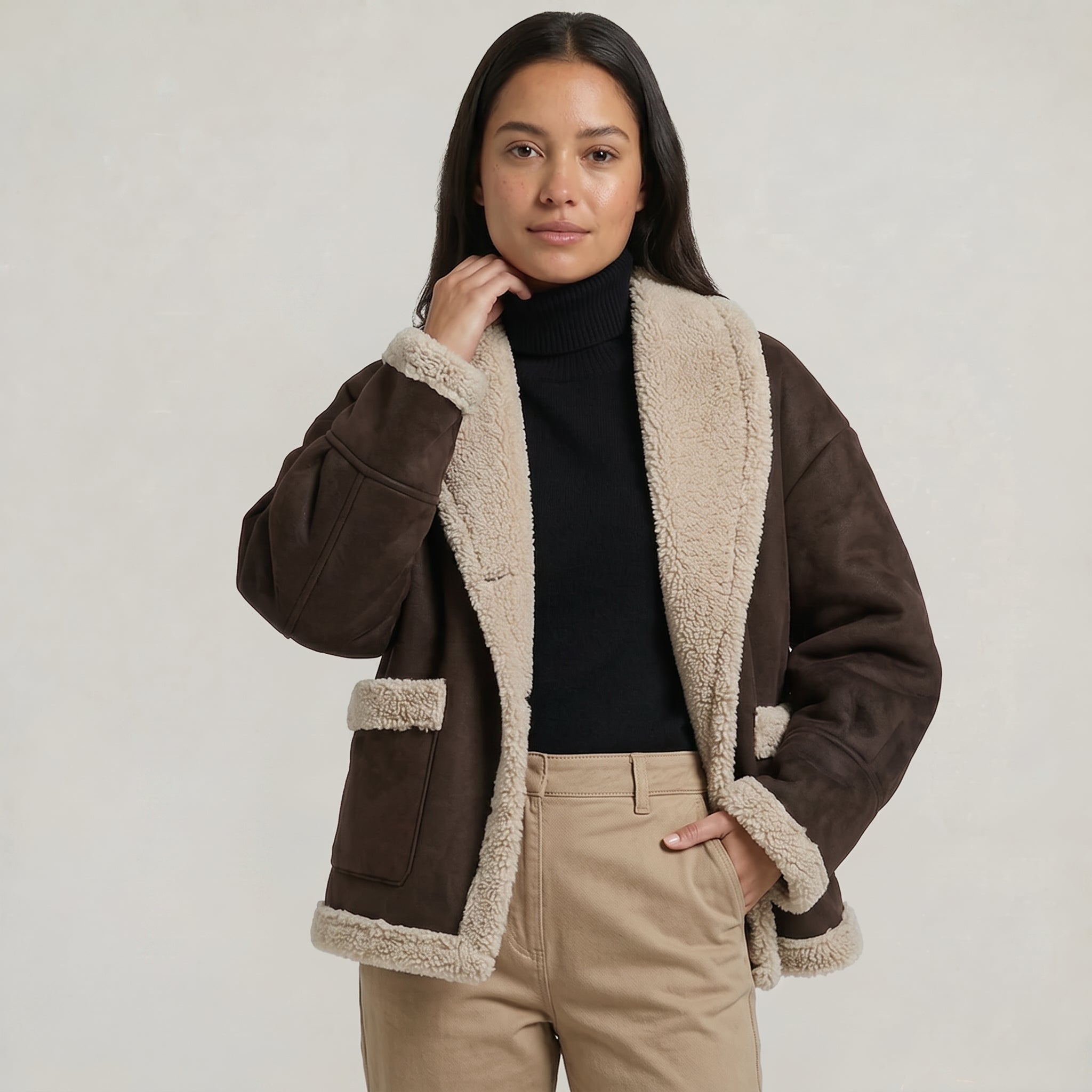 Women’s Fleece-Lined Faux Suede Jacket - Oversized Shearling Trim Fit