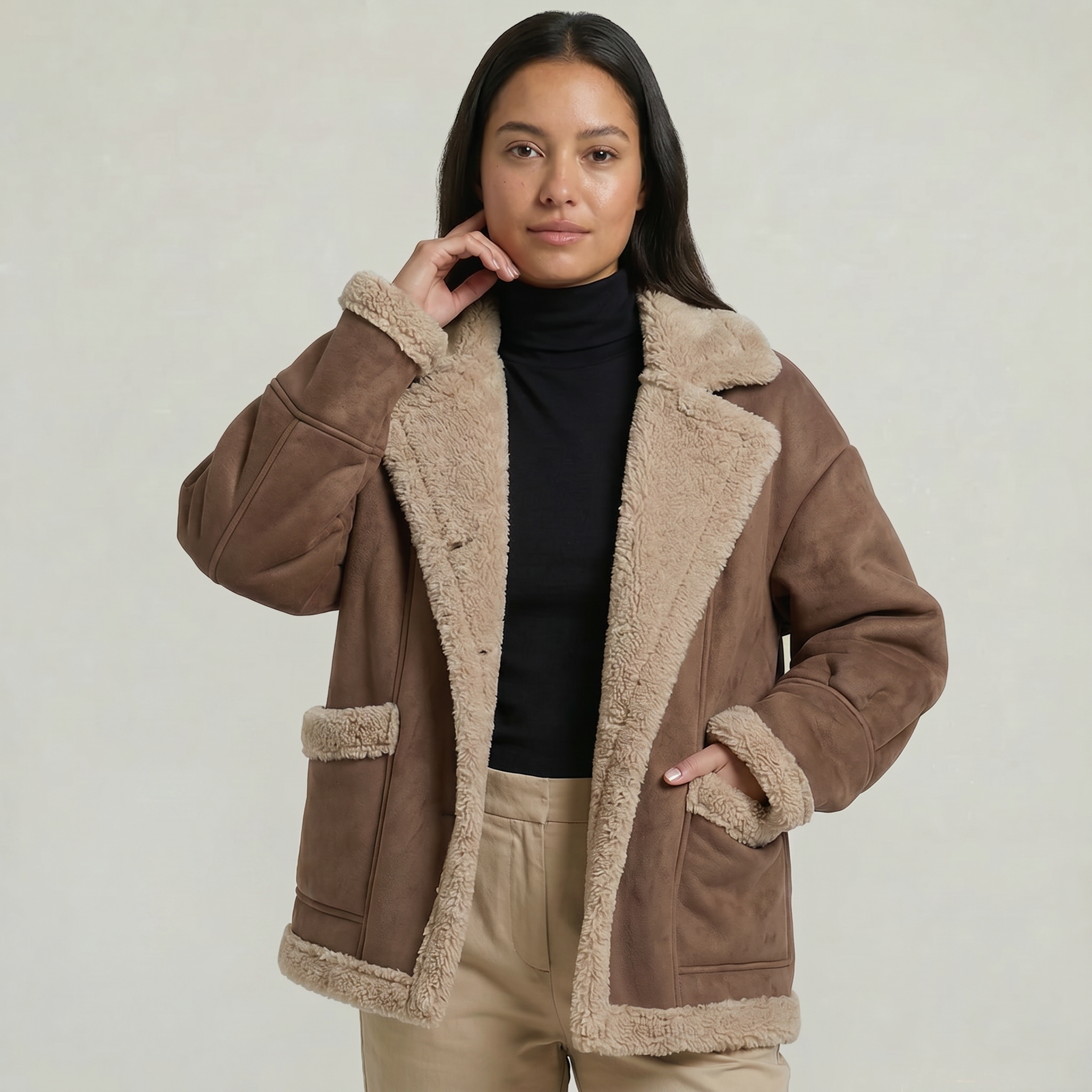 Women’s Fleece-Lined Faux Suede Jacket - Oversized Shearling Trim Fit