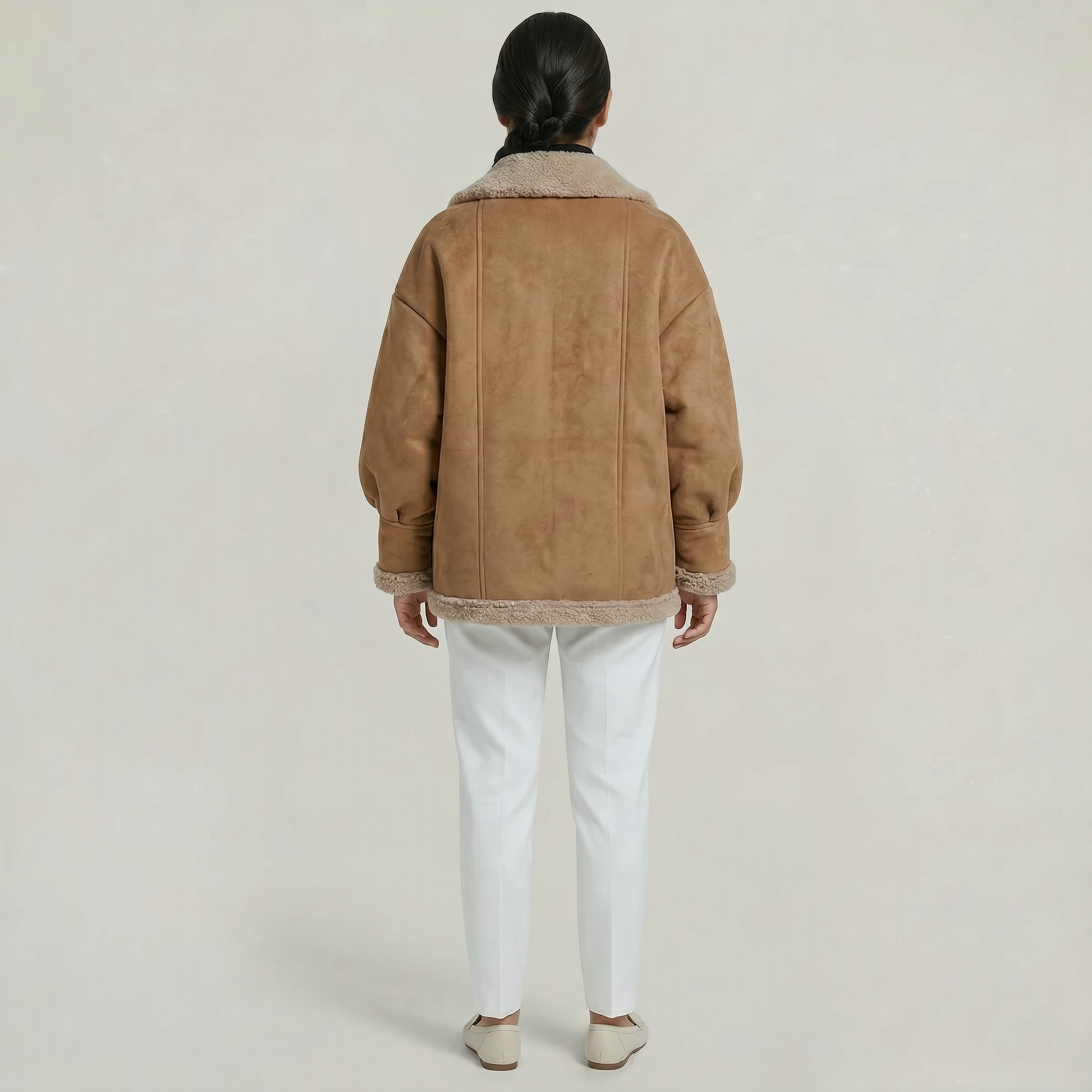 Women’s Fleece-Lined Faux Suede Jacket - Oversized Shearling Trim Fit