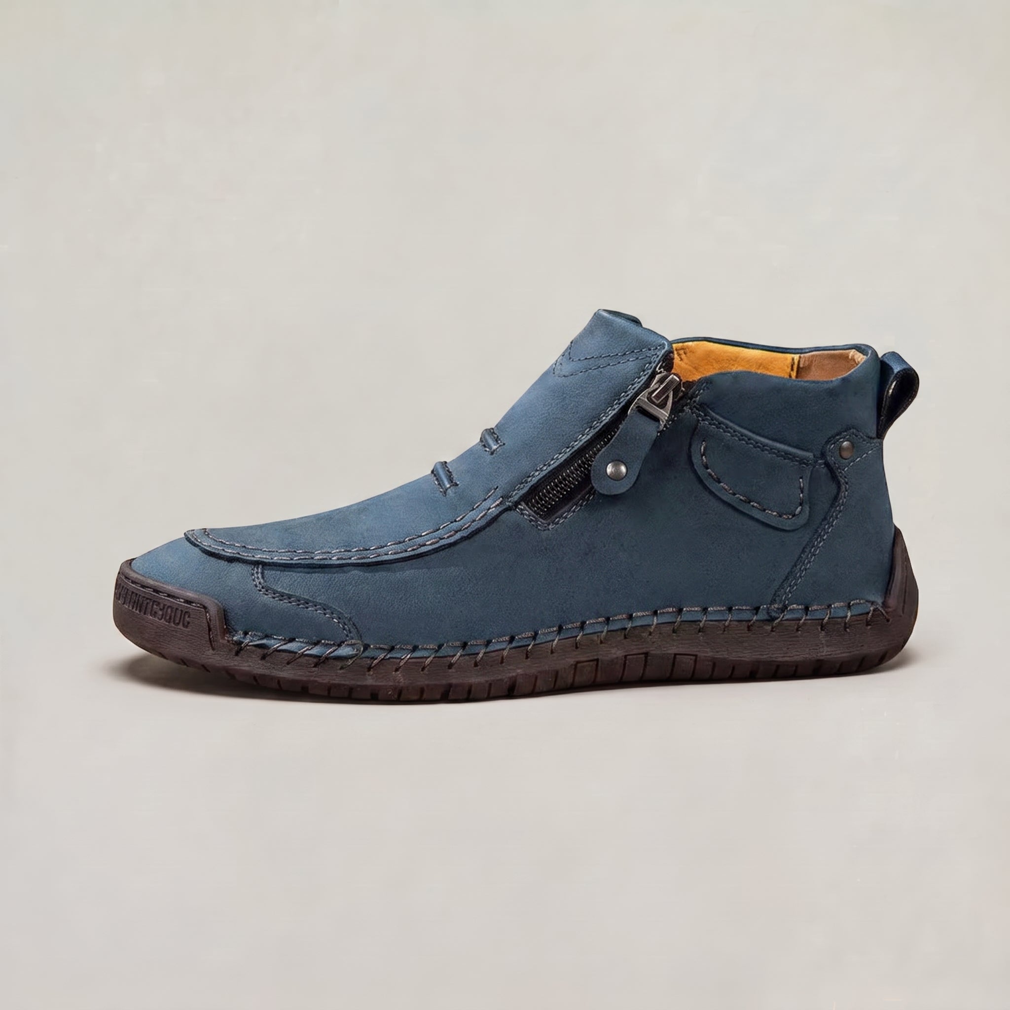 Men's Slip-On Casual Ankle Shoes - Side Zip Stitched Leather Comfort Walking Boots