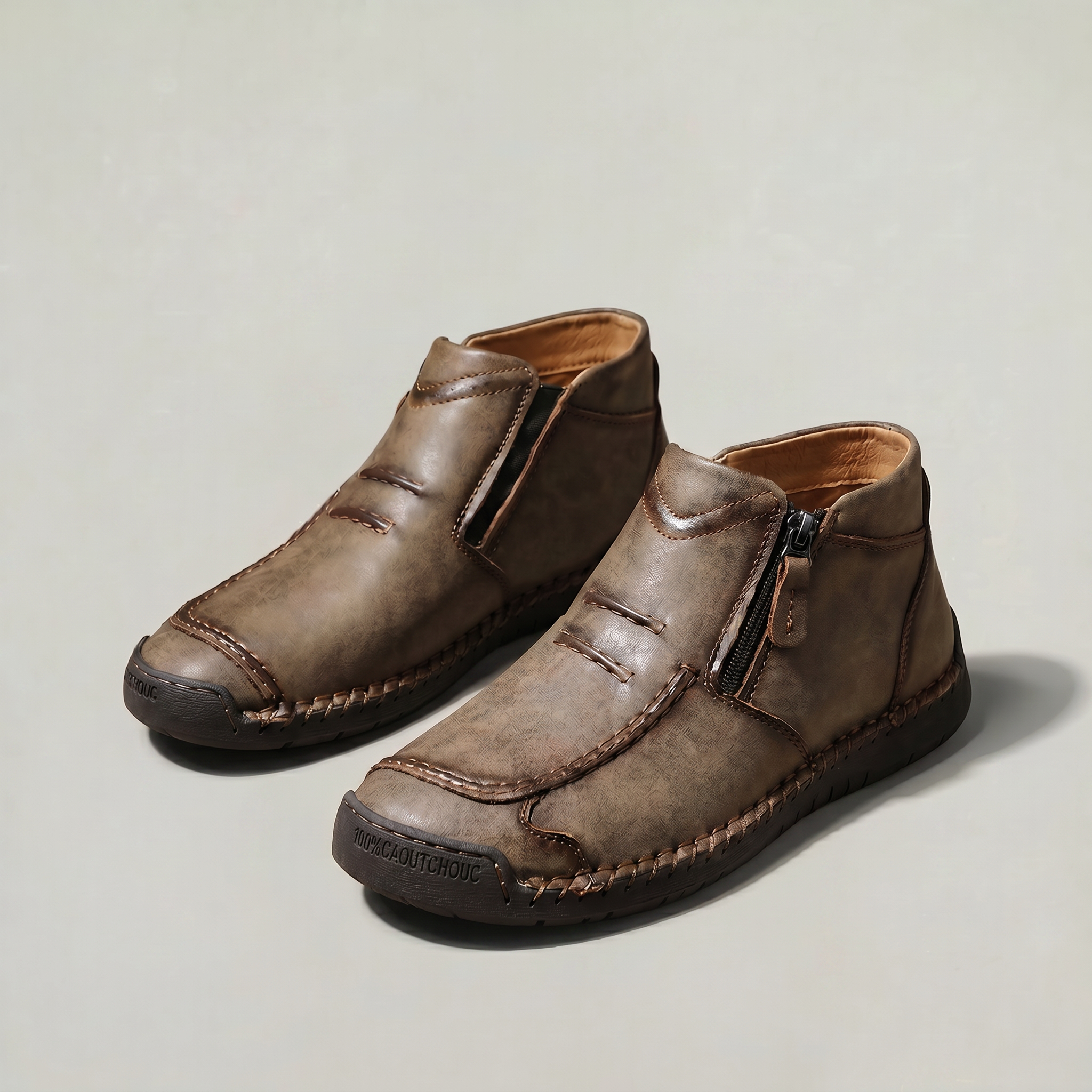 Men's Slip-On Casual Ankle Shoes - Side Zip Stitched Leather Comfort Walking Boots