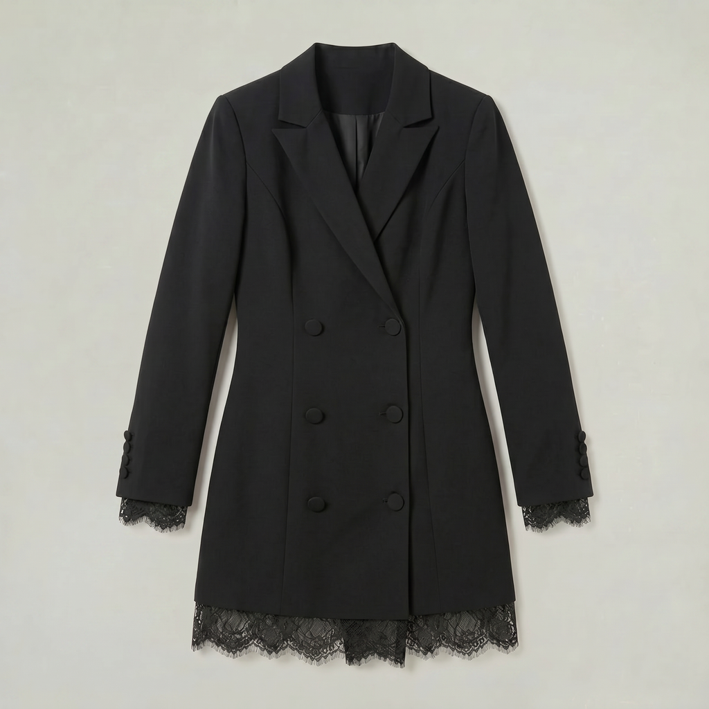 Women’s Blazer Dress - Double-Breasted Lace Hem Slim Fit