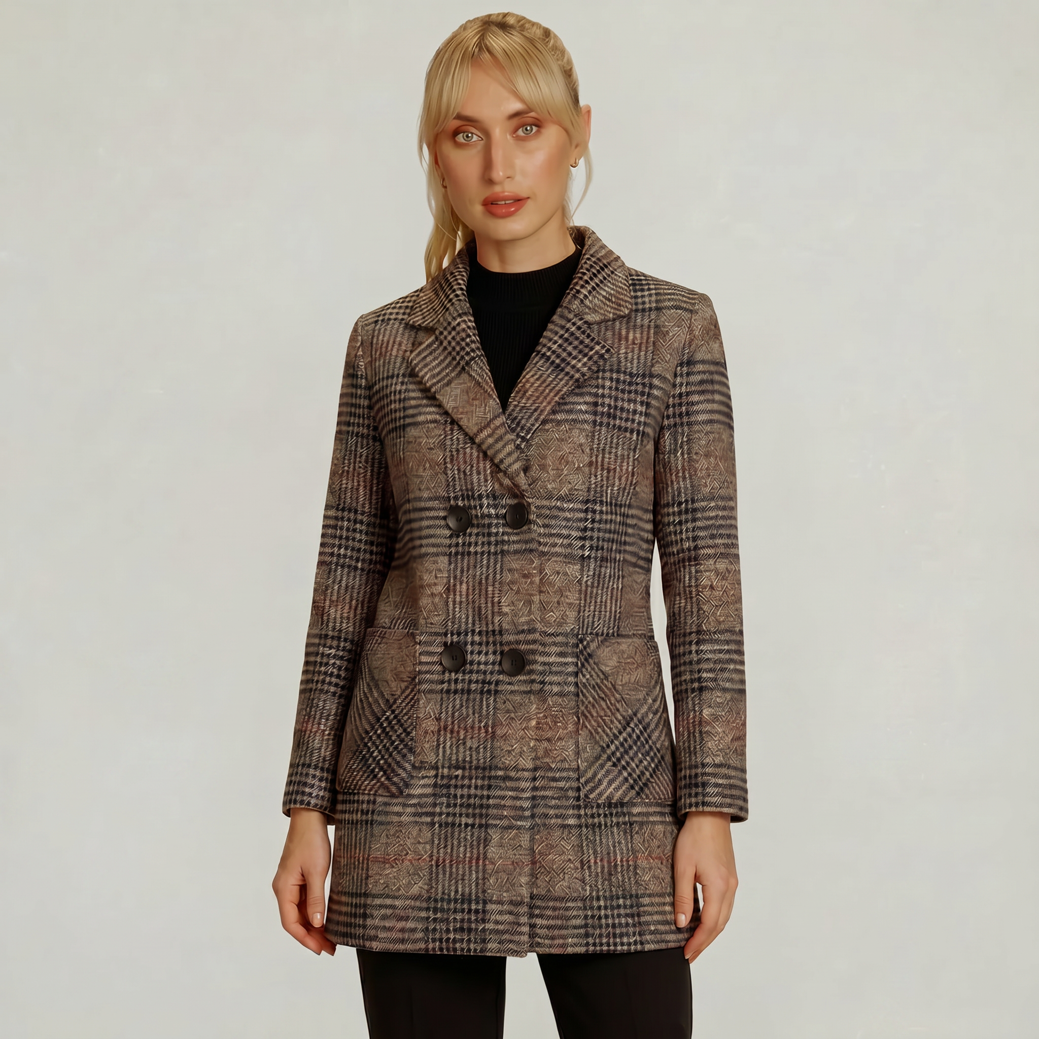 Women’s Plaid Coat - Tweed Checked Blazer Coat Tailored Fit