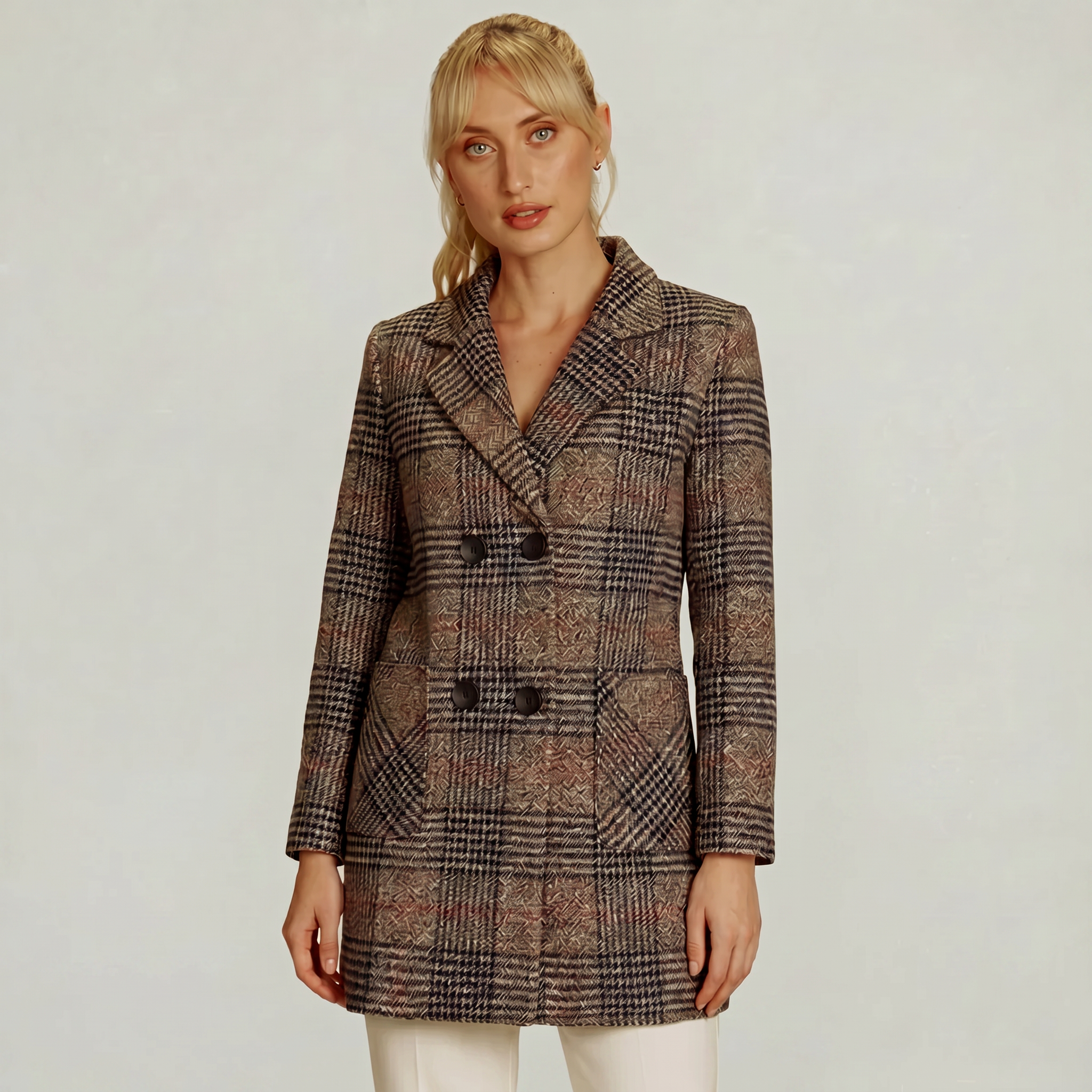 Women’s Plaid Coat - Tweed Checked Blazer Coat Tailored Fit