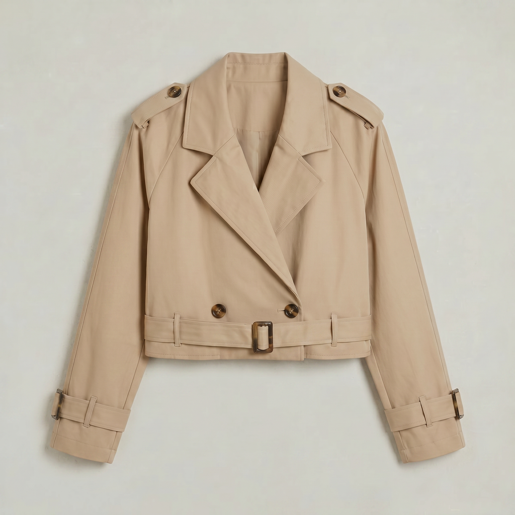 Women’s Cropped Trench Jacket - Belted Short Double-Breasted Coat