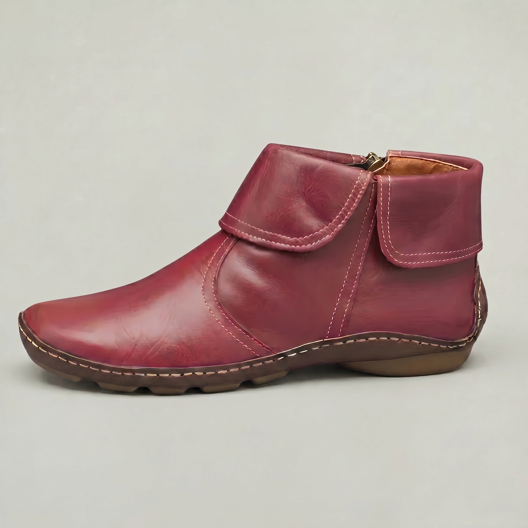 Women's Slip-On Ankle Boots - Side Zip Velcro Strap Comfort Leather Booties Winter