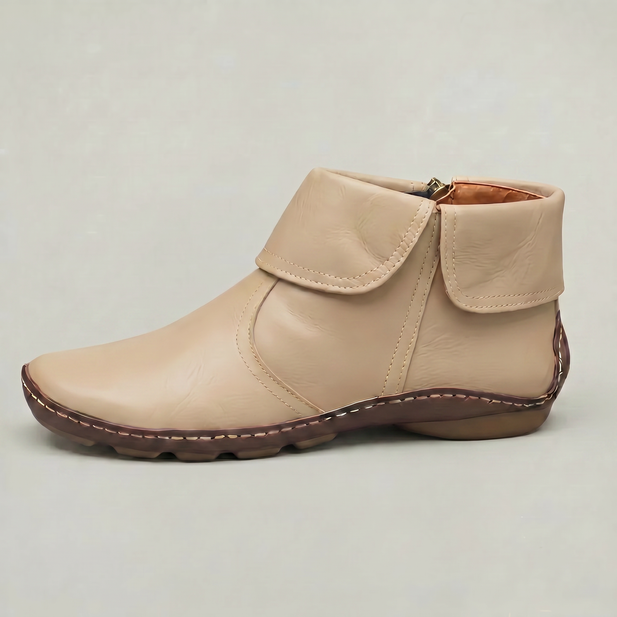 Women's Slip-On Ankle Boots - Side Zip Velcro Strap Comfort Leather Booties Winter