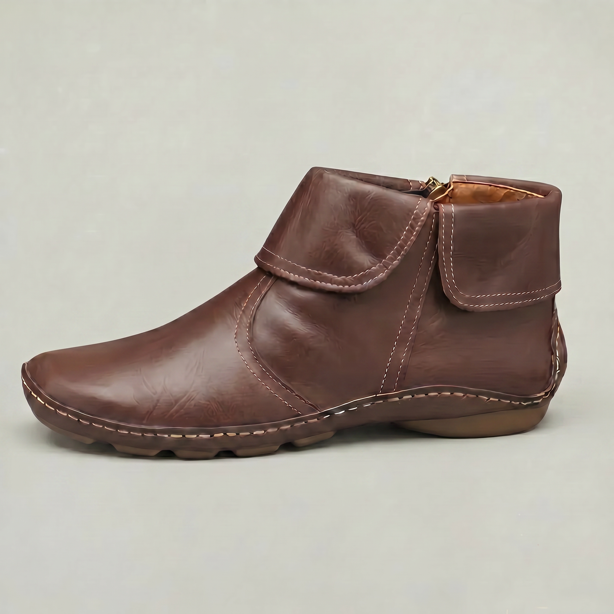 Women's Slip-On Ankle Boots - Side Zip Velcro Strap Comfort Leather Booties Winter