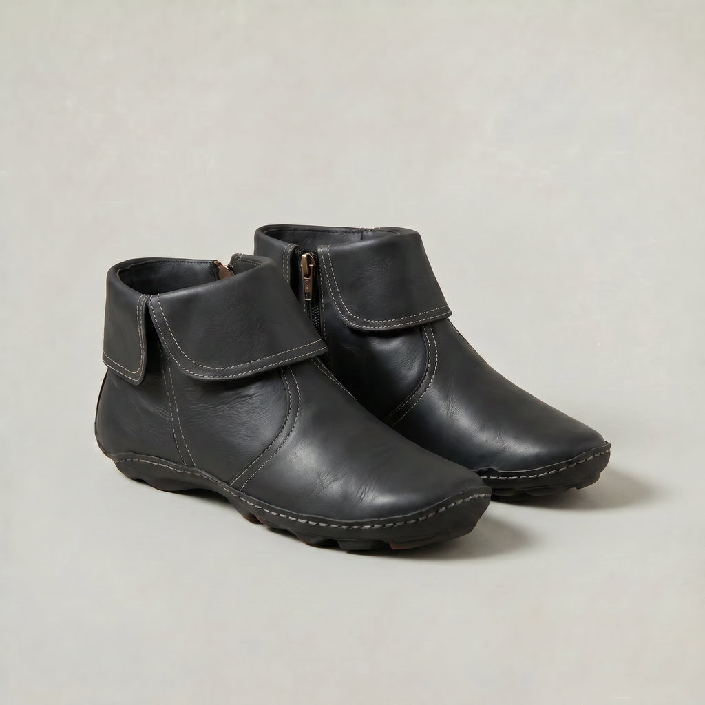 Women's Slip-On Ankle Boots - Side Zip Velcro Strap Comfort Leather Booties Winter