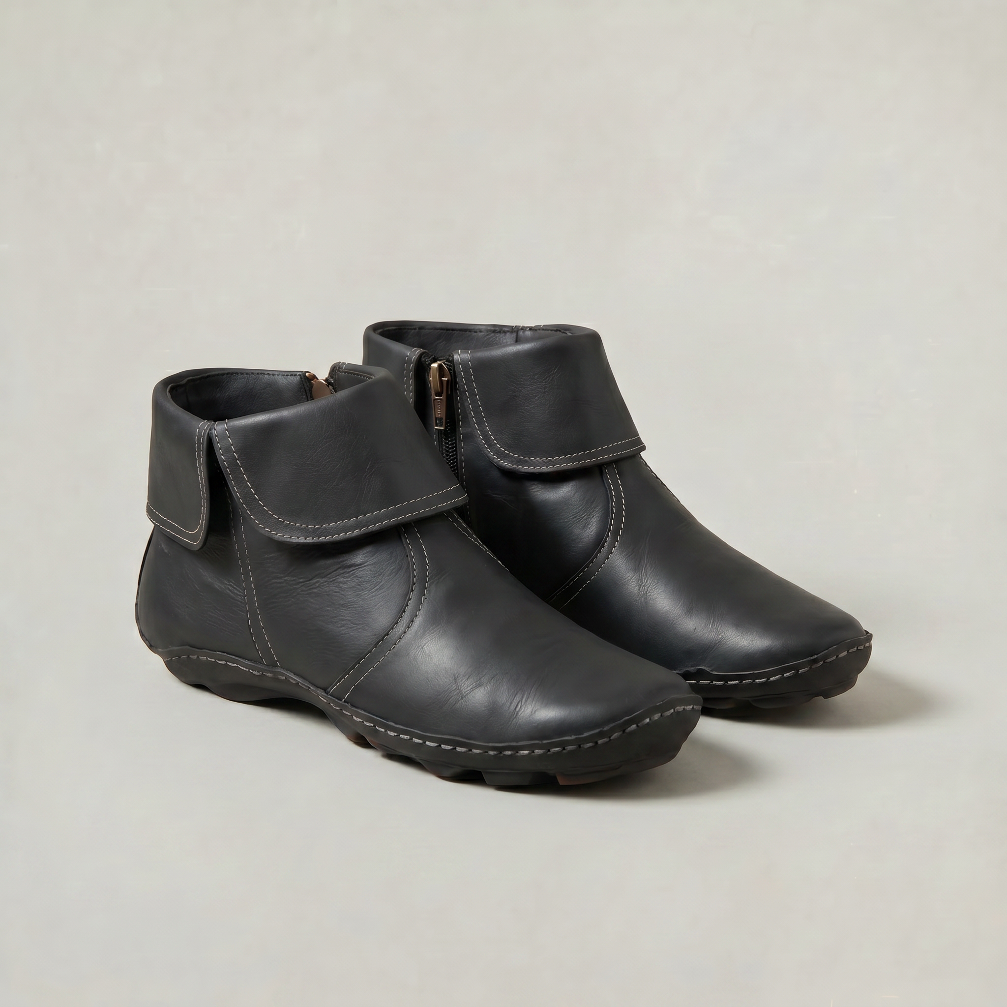 Women's Slip-On Ankle Boots - Side Zip Velcro Strap Comfort Leather Booties Winter