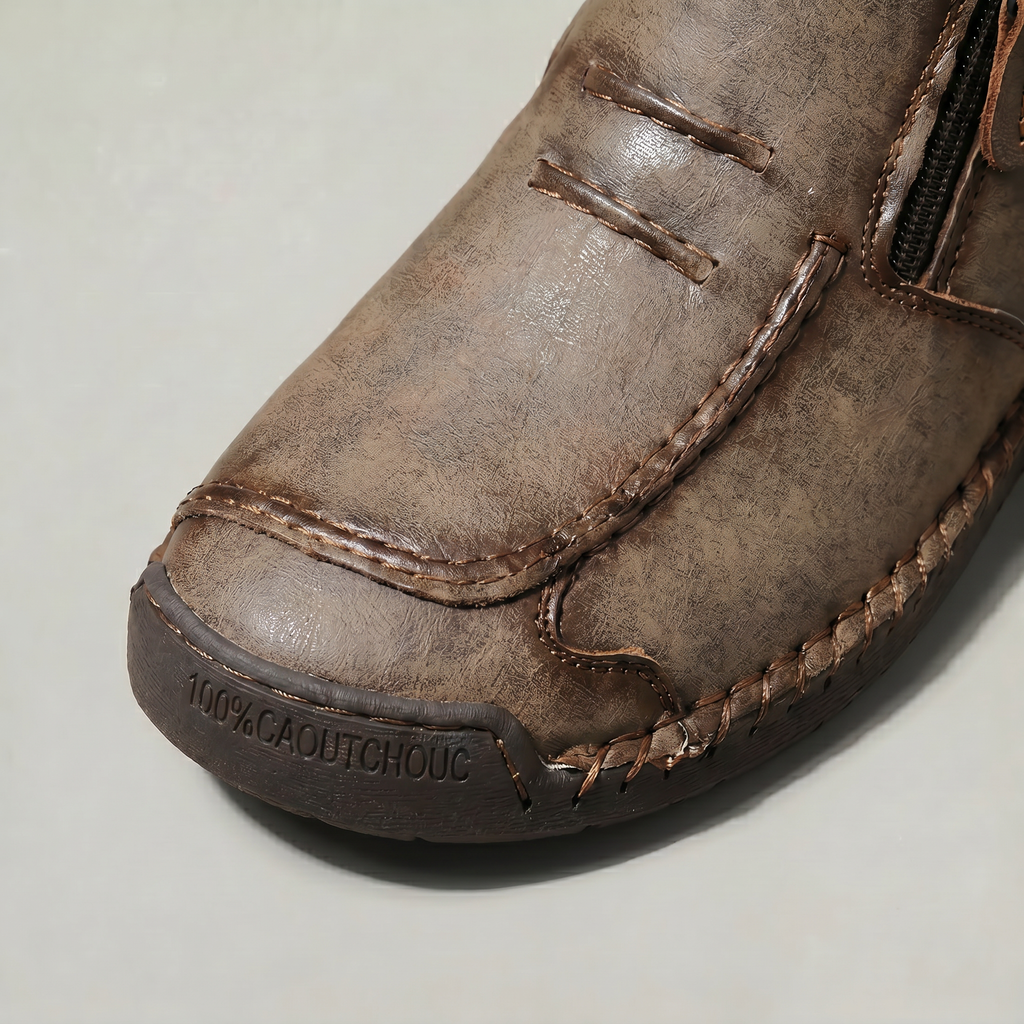 Men's Slip-On Casual Ankle Shoes - Side Zip Stitched Leather Comfort Walking Boots