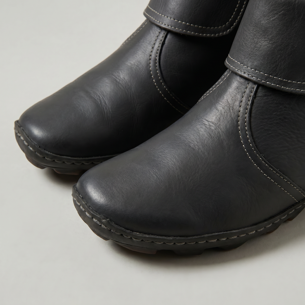 Women's Slip-On Ankle Boots - Side Zip Velcro Strap Comfort Leather Booties Winter