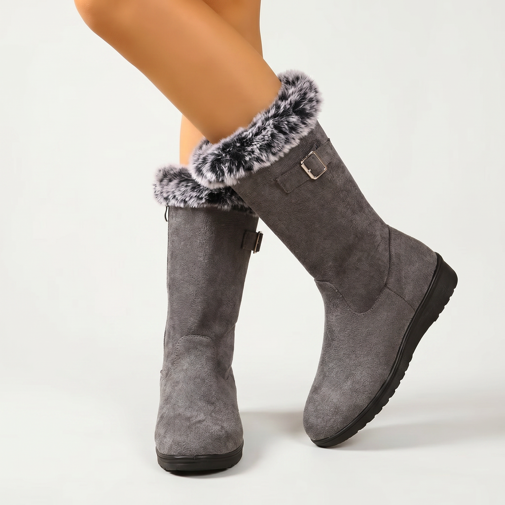 Women’s Faux Fur Winter Boots - Side Zip Mid Calf Fit