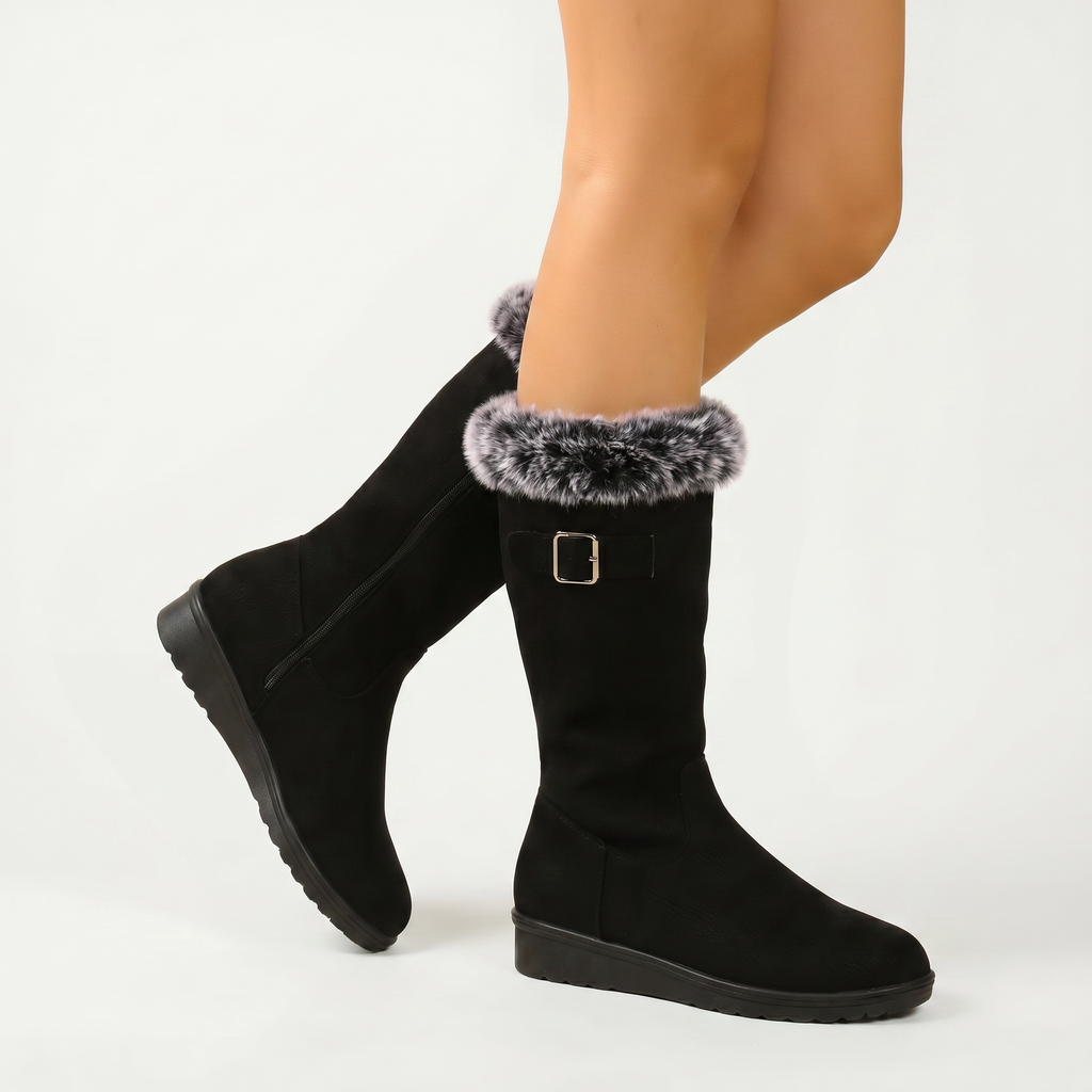Women’s Faux Fur Winter Boots - Side Zip Mid Calf Fit