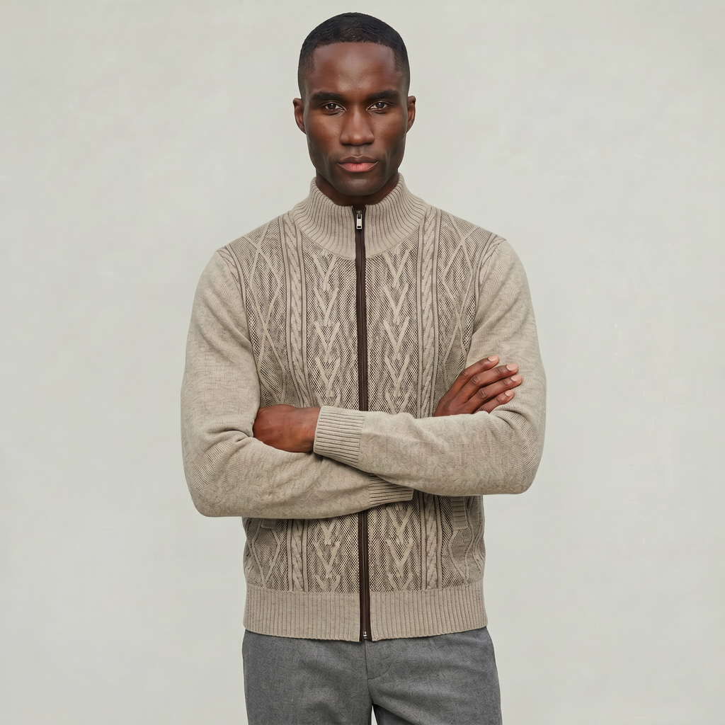 Men’s Knit Zip Jacket - Textured Cardigan Style Regular Fit