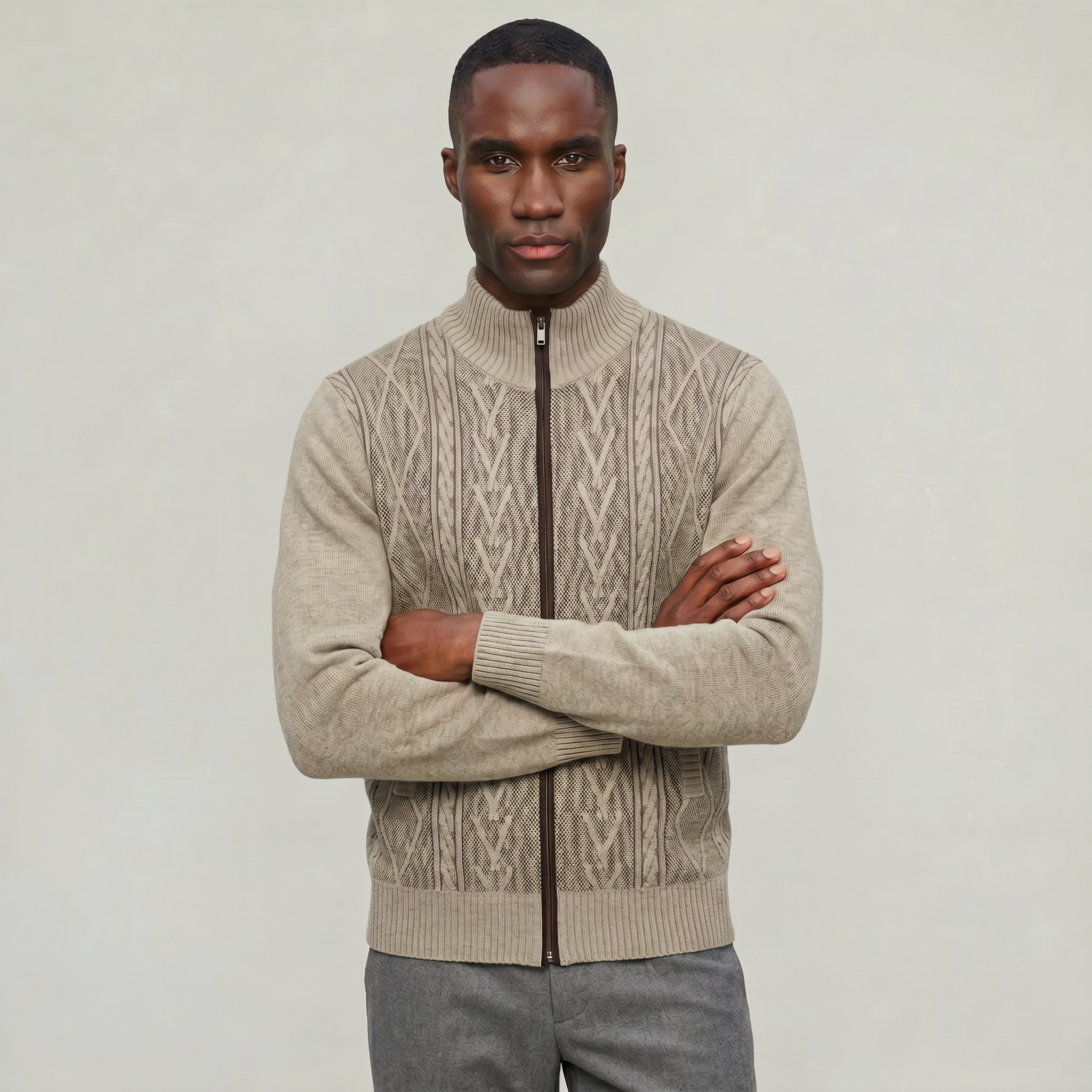 Men’s Knit Zip Jacket - Textured Cardigan Style Regular Fit