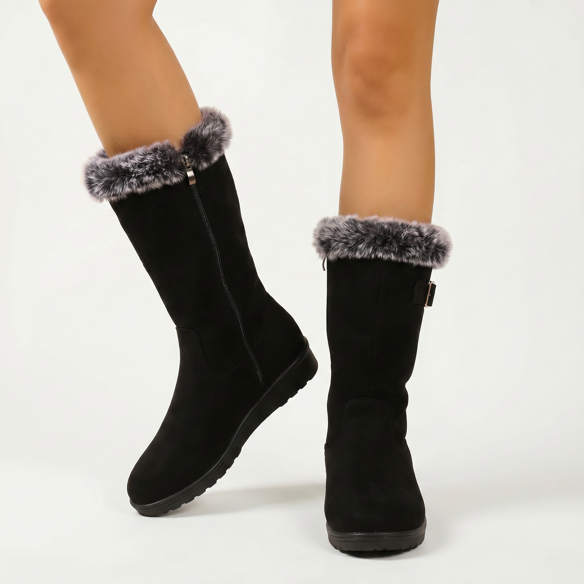 Women’s Faux Fur Winter Boots - Side Zip Mid Calf Fit