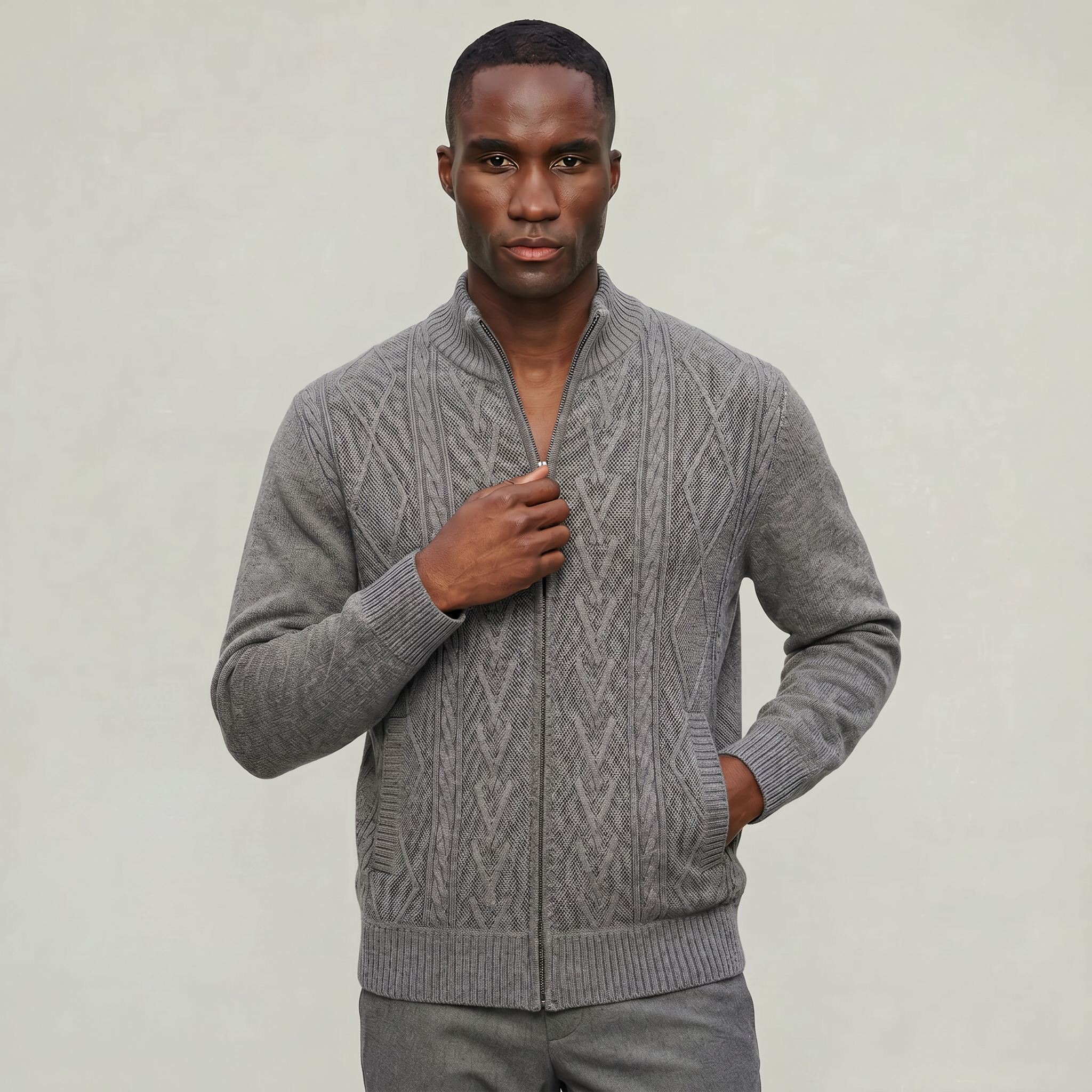 Men’s Knit Zip Jacket - Textured Cardigan Style Regular Fit