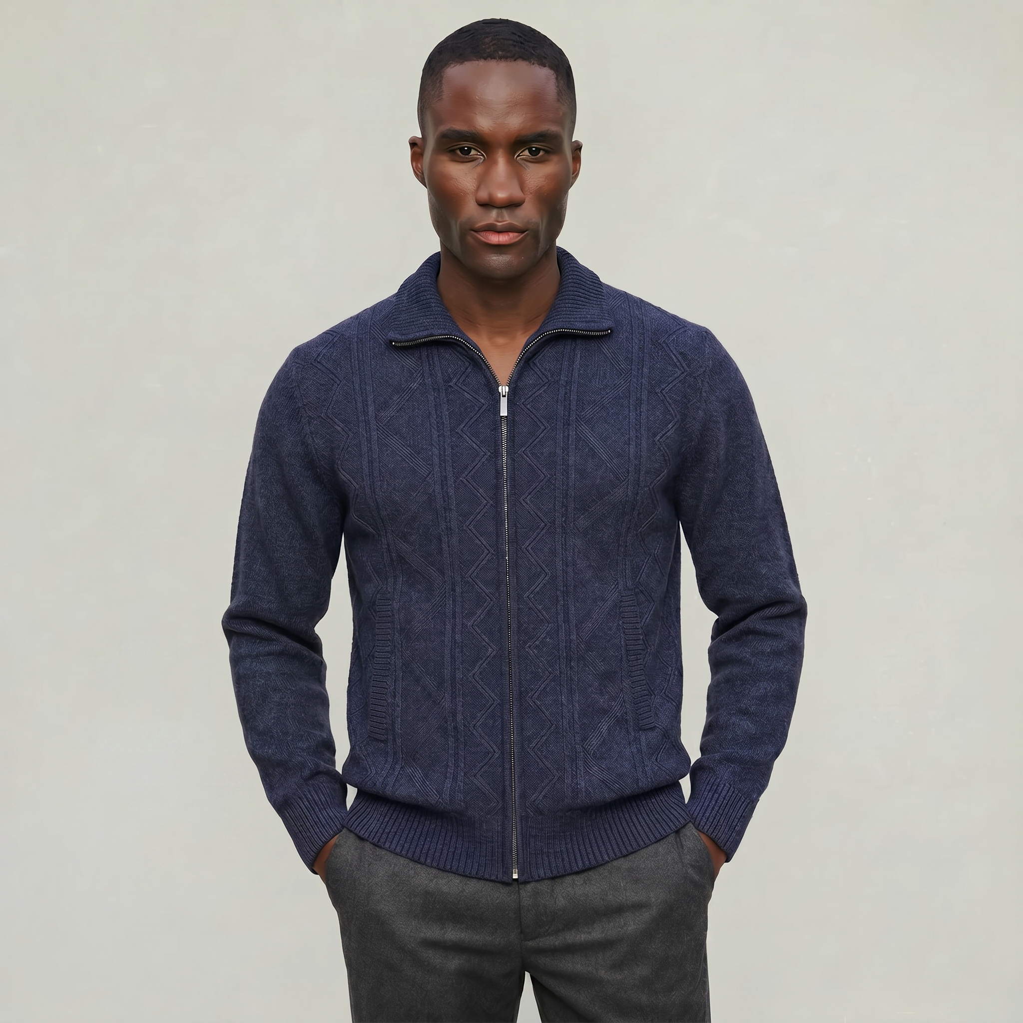 Men’s Knit Zip Jacket - Textured Cardigan Style Regular Fit