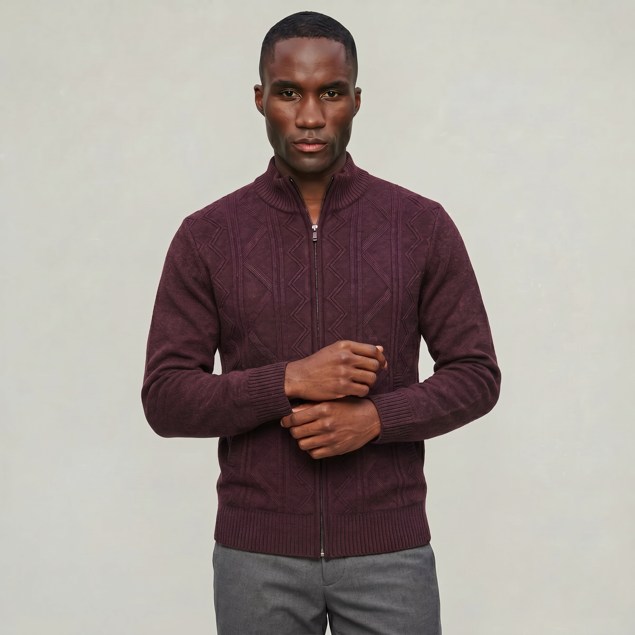 Men’s Knit Zip Jacket - Textured Cardigan Style Regular Fit