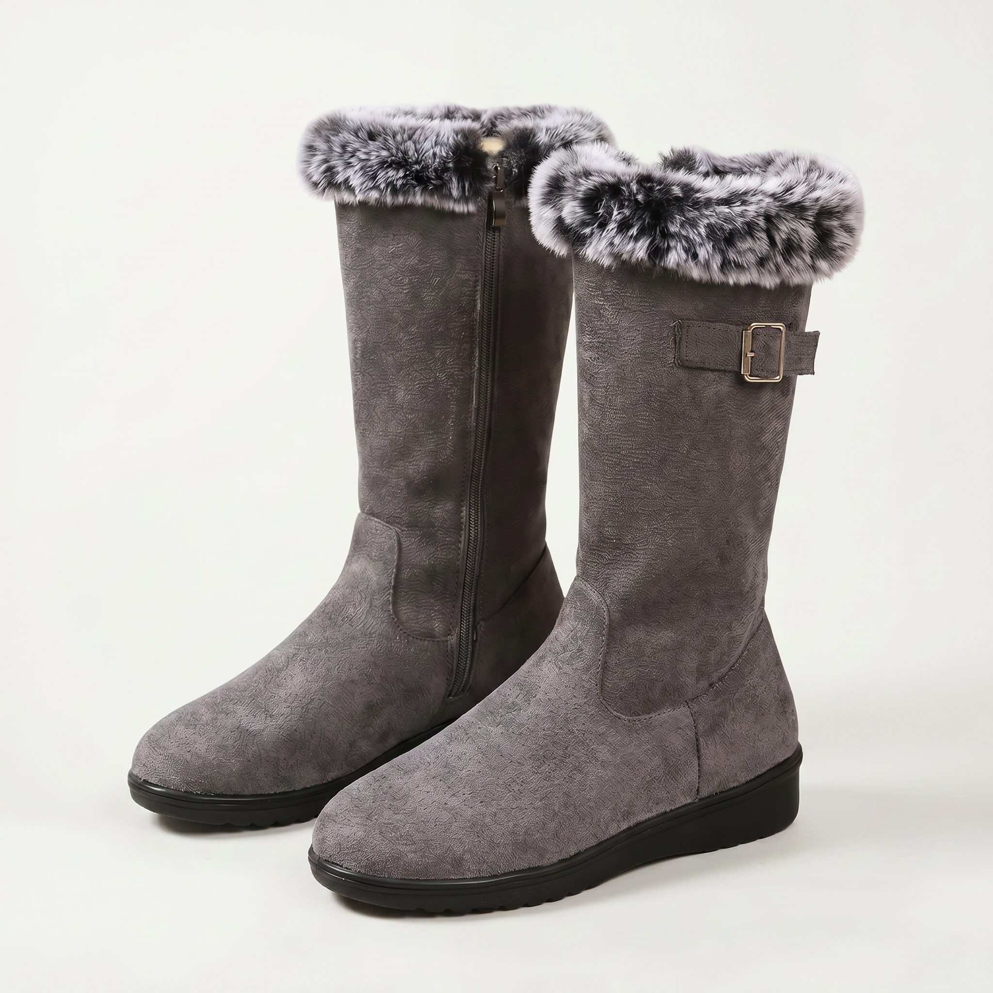 Women’s Faux Fur Winter Boots - Side Zip Mid Calf Fit