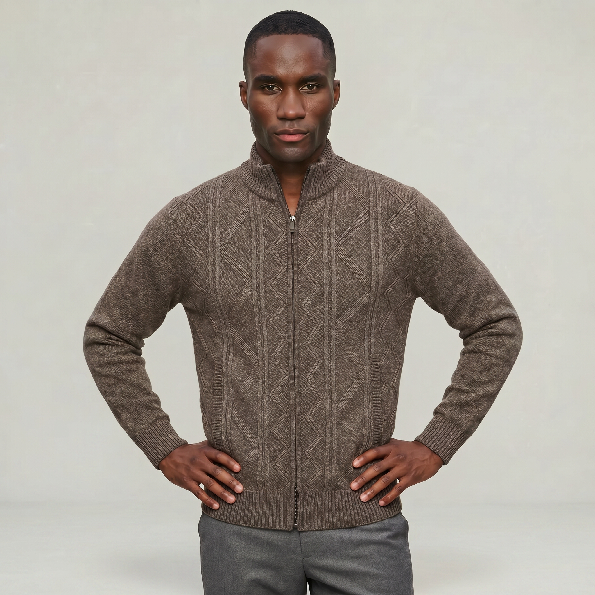 Men’s Knit Zip Jacket - Textured Cardigan Style Regular Fit