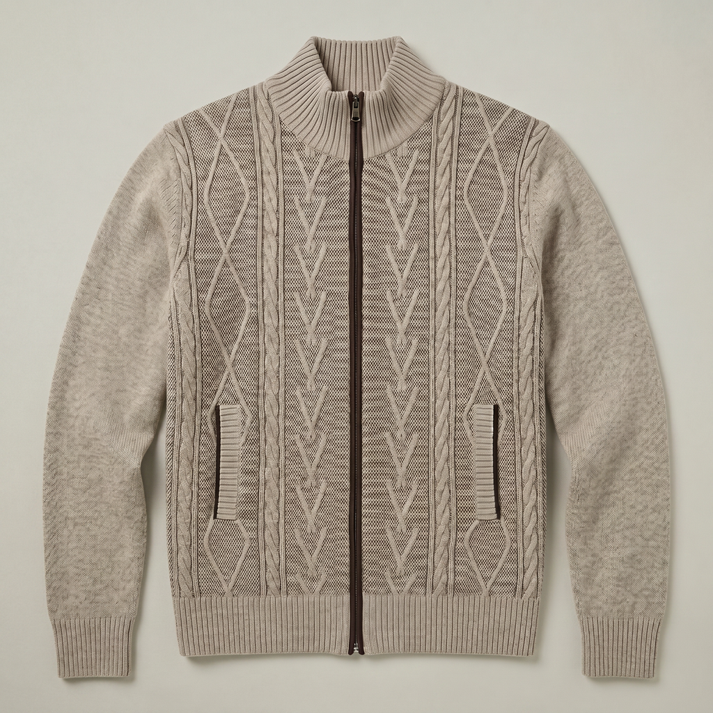 Men’s Knit Zip Jacket - Textured Cardigan Style Regular Fit