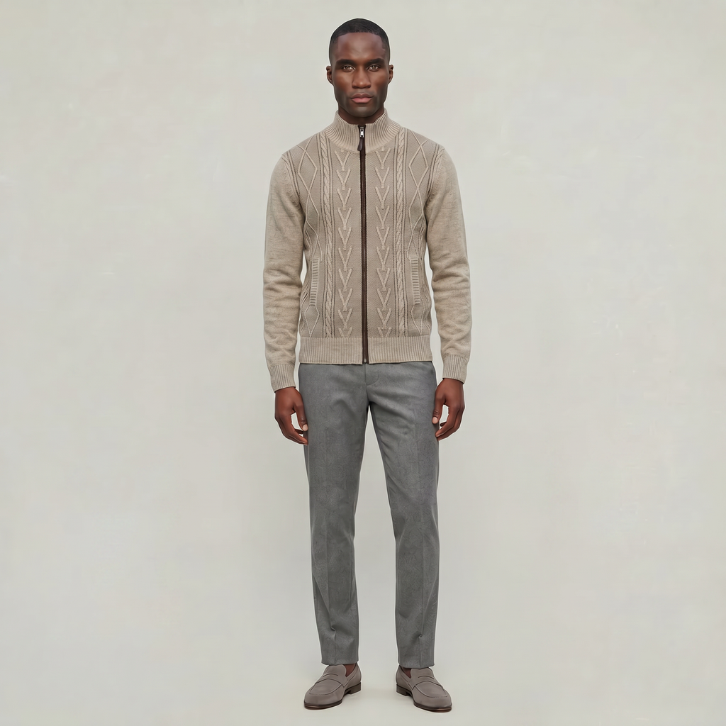 Men’s Knit Zip Jacket - Textured Cardigan Style Regular Fit