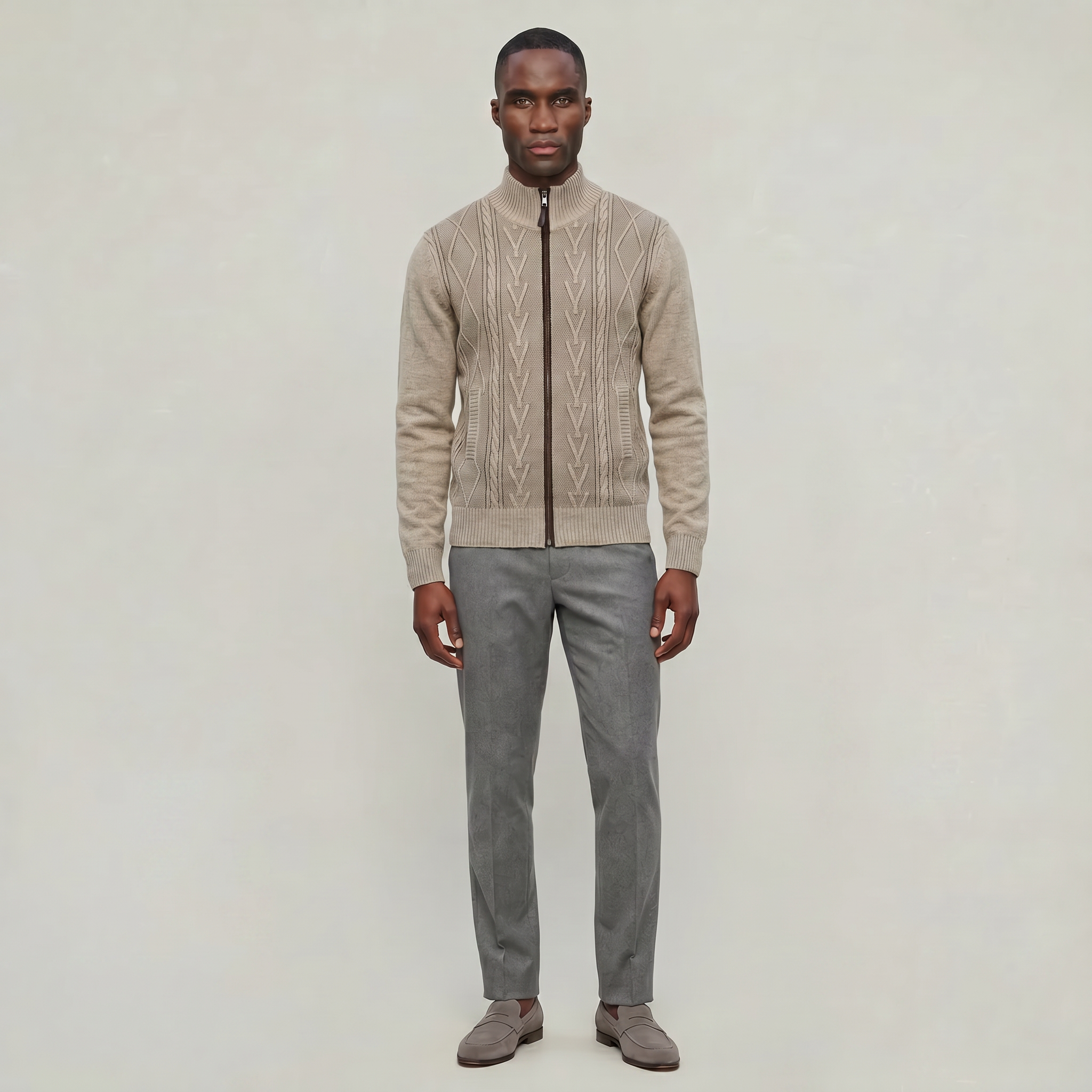 Men’s Knit Zip Jacket - Textured Cardigan Style Regular Fit