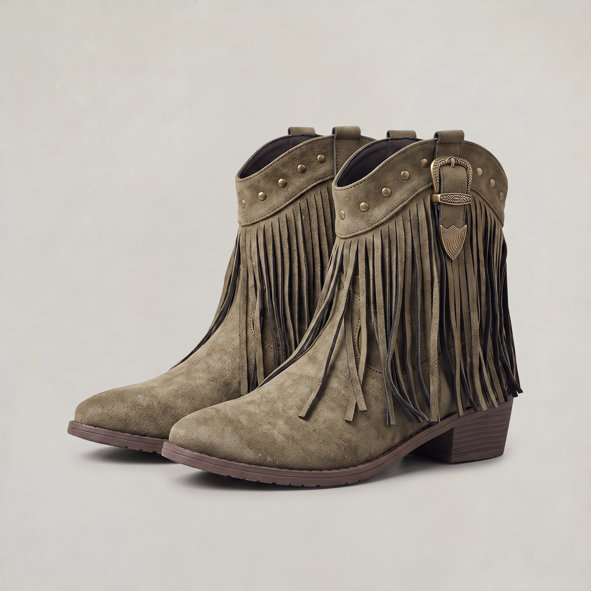 Women’s Fringe Ankle Boots - Studded Block Heel Western Fit