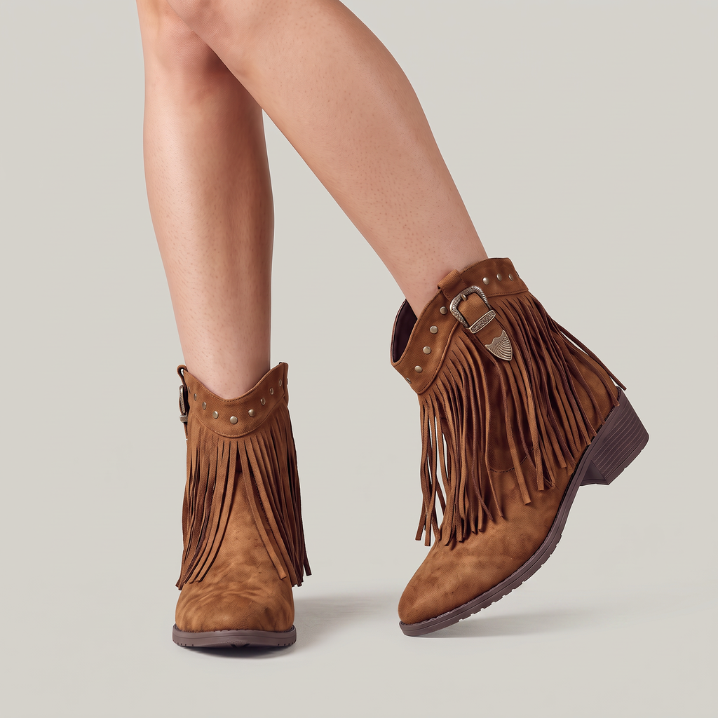 Women’s Fringe Ankle Boots - Studded Block Heel Western Fit