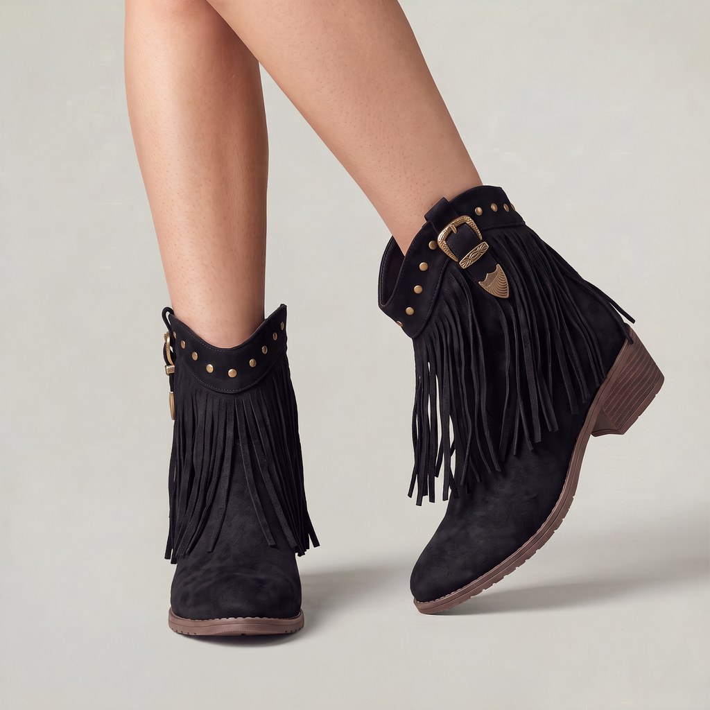 Women’s Fringe Ankle Boots - Studded Block Heel Western Fit