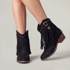 Women’s Fringe Ankle Boots - Studded Block Heel Western Fit
